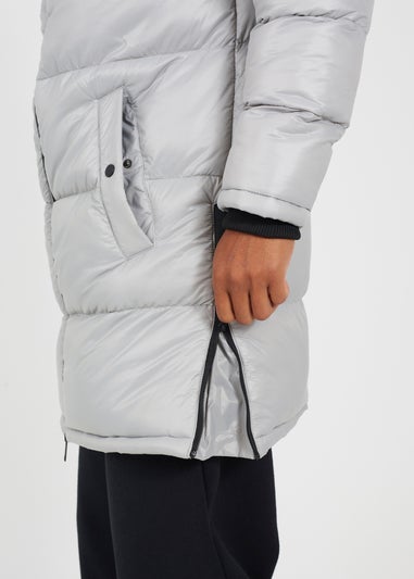 Brave Soul Light Grey Longline Hooded Padded Puffer Jacket