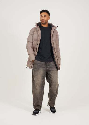 Brave Soul Taupe Longline Padded Hooded Jacket