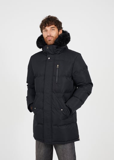 Brave Soul Black Longline Padded Parka Jacket with Faux Fur Hood