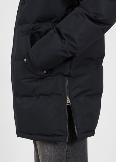 Brave Soul Black Longline Padded Parka Jacket with Faux Fur Hood