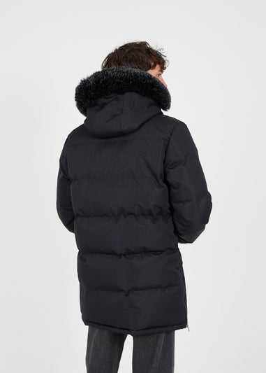 Brave Soul Black Longline Padded Parka Jacket with Faux Fur Hood