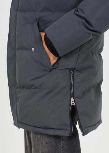 Brave Soul Grey Longline Padded Parka Jacket with Faux Fur Hood