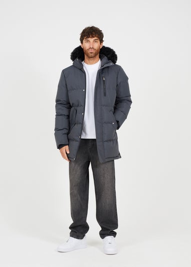 Brave Soul Grey Longline Padded Parka Jacket with Faux Fur Hood
