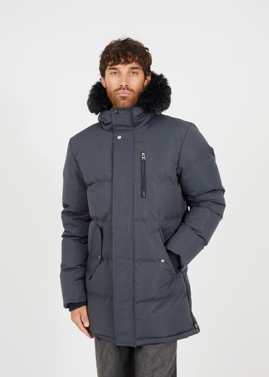 Brave Soul Grey Longline Padded Parka Jacket with Faux Fur Hood