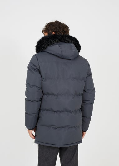Brave Soul Grey Longline Padded Parka Jacket with Faux Fur Hood