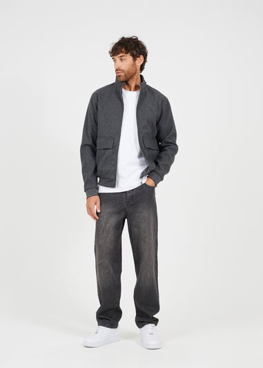 Brave Soul Grey Faux Wool Funnel Neck Bomber Style Jacket