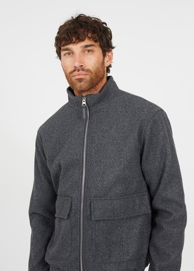 Brave Soul Grey Faux Wool Funnel Neck Bomber Style Jacket