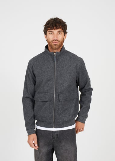 Brave Soul Grey Faux Wool Funnel Neck Bomber Style Jacket