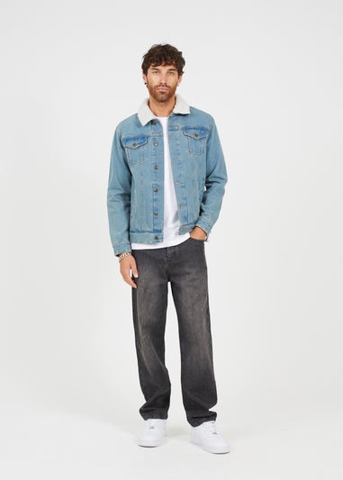 Brave Soul Light Blue Cotton Denim Jacket with Detachable Borg Collar