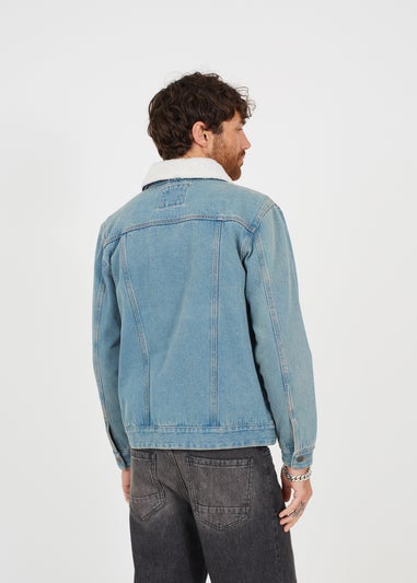 Brave Soul Light Blue Cotton Denim Jacket with Detachable Borg Collar