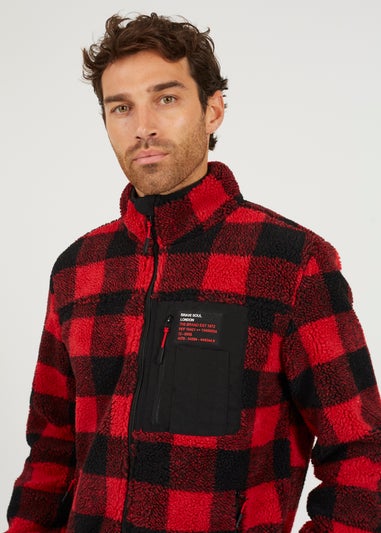 Brave Soul Red Check Zip Through Borg Fleece