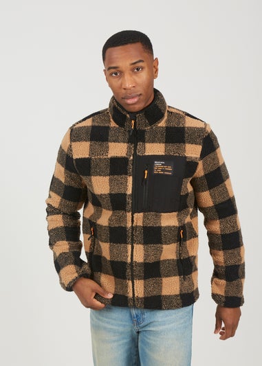 Brave Soul Tan Check Zip Through Borg Fleece