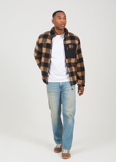 Brave Soul Tan Check Zip Through Borg Fleece
