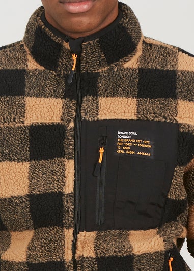 Brave Soul Tan Check Zip Through Borg Fleece