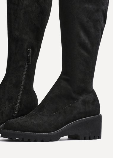 Linzi Kortina Black Faux Suede Wedge Knee High Boot