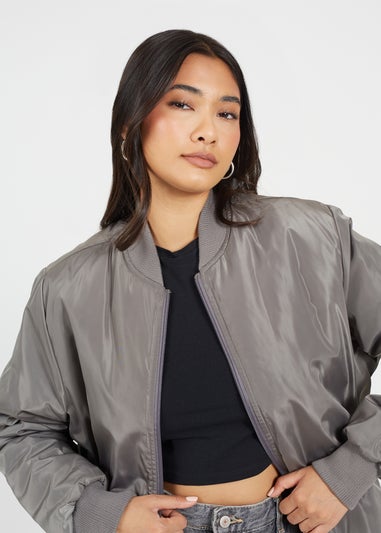 Brave Soul Charcoal Ruched Sleeve Oversized Bomber Jacket