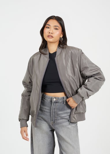 Brave Soul Charcoal Ruched Sleeve Oversized Bomber Jacket