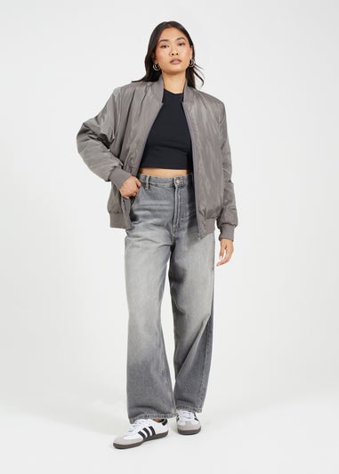 Brave Soul Charcoal Ruched Sleeve Oversized Bomber Jacket