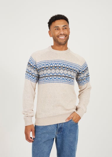 Brave Soul Sand Fairisle Crew Neck Knitted Jumper