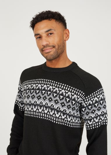 Brave Soul Black Fairisle Crew Neck Knitted Jumper