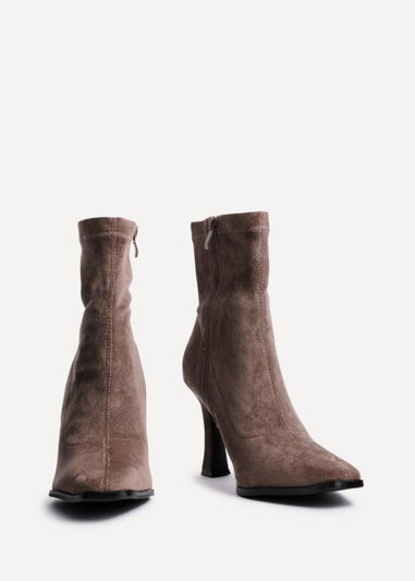 Linzi Noelle Mocha Suede Square Toe Heeled Sock Boot