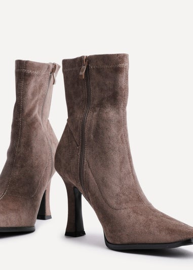 Linzi Noelle Mocha Suede Square Toe Heeled Sock Boot