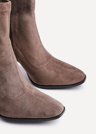 Linzi Noelle Mocha Suede Square Toe Heeled Sock Boot