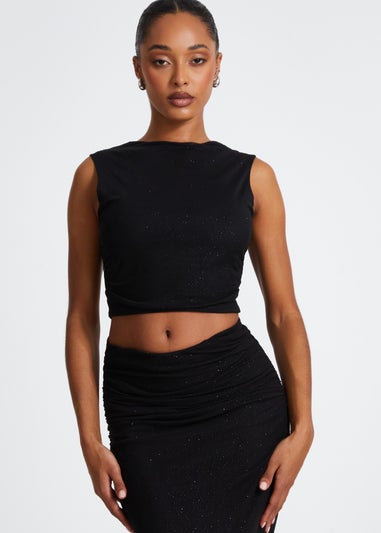 Quiz Black Glitter Mesh Crop Top