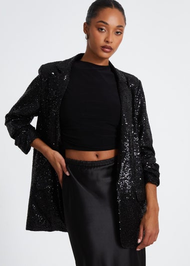 Quiz Black Sequin Ruched Blazer