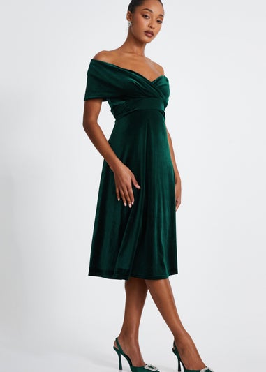 Quiz Green Velvet Bardot Midi Dress