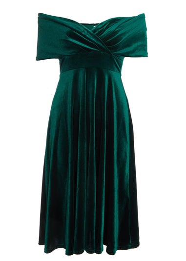 Quiz Green Velvet Bardot Midi Dress