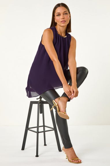 Roman Purple Neck Trim Asymmetric Woven Top