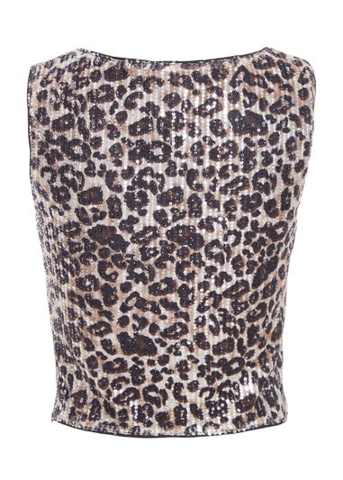 Quiz Brown Sequin Leopard Print Crop Top