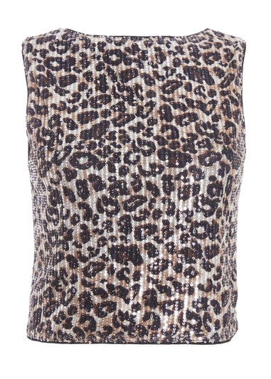 Quiz Brown Sequin Leopard Print Crop Top