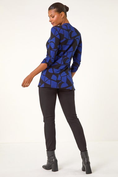 Roman Black Geometric Print Pintuck Shirt