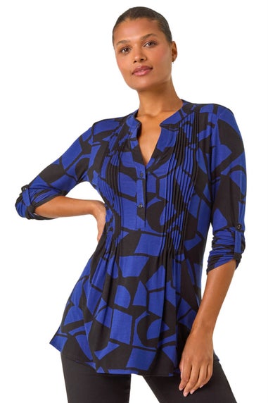 Roman Black Geometric Print Pintuck Shirt