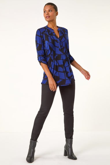 Roman Black Geometric Print Pintuck Shirt