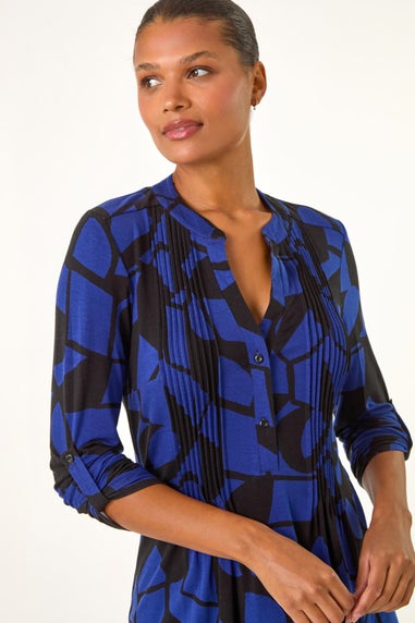 Roman Black Geometric Print Pintuck Shirt