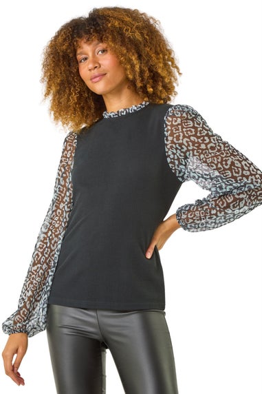 Roman Black 2 In 1 Animal Print Mesh Sleeve Top