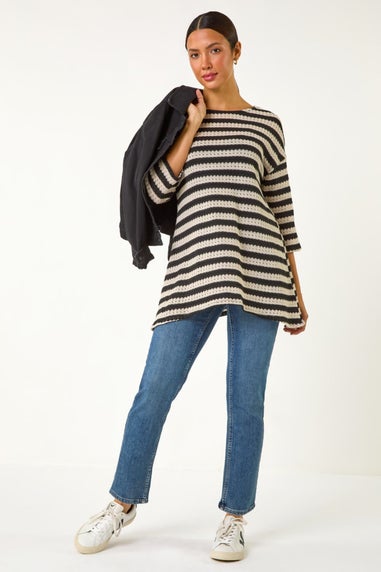 Roman Black Crochet Knit Stripe Tunic Top