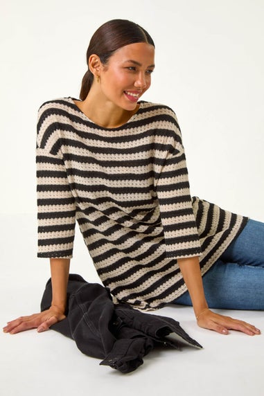 Roman Black Crochet Knit Stripe Tunic Top