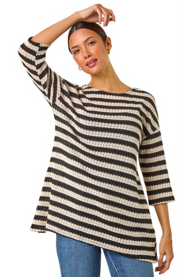 Roman Black Crochet Knit Stripe Tunic Top