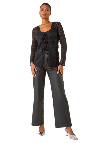 Roman Black Front Tie Lace Top