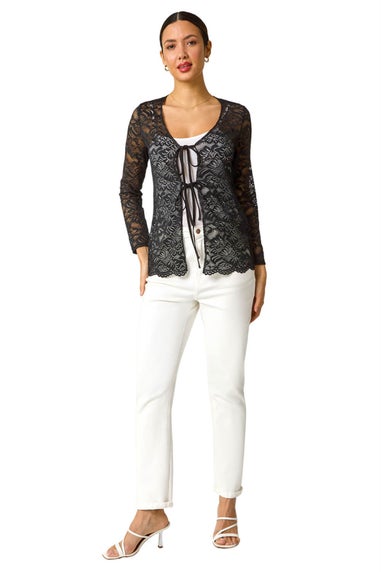 Roman Black Front Tie Lace Top