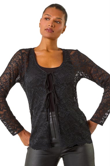 Roman Black Front Tie Lace Top