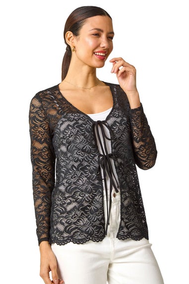 Roman Black Front Tie Lace Top
