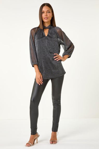 Roman Black Twist Neck Glitter Mesh Top