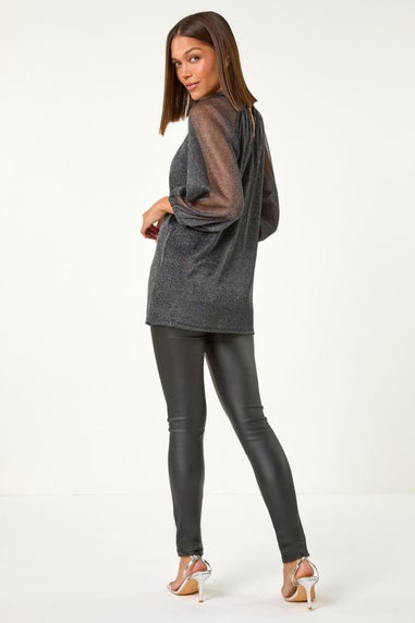 Roman Black Twist Neck Glitter Mesh Top