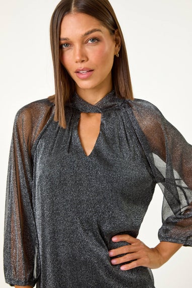 Roman Black Twist Neck Glitter Mesh Top