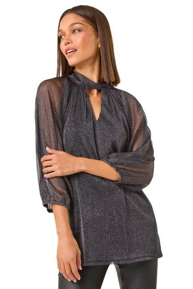 Roman Black Twist Neck Glitter Mesh Top